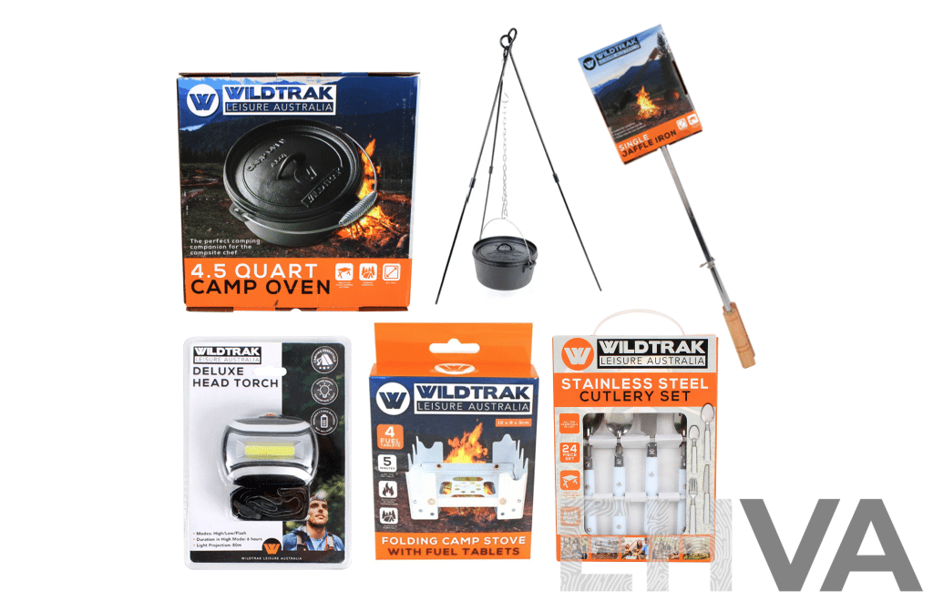 WildTrak Camping Pack - Camp Oven, Tripod, Jaffle Iron, Stove, Cutlery and Head Torch
