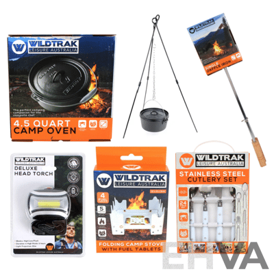 WildTrak Camping Pack - Camp Oven, Tripod, Jaffle Iron, Stove, Cutlery and Head Torch