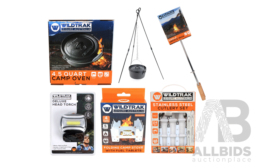 WildTrak Camping Pack - Camp Oven, Tripod, Jaffle Iron, Stove, Cutlery and Head Torch
