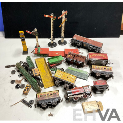 Collection of Vintage Hornby O Gauge Railway Rolling Stock, Station Platform and Signals Including Steam Locomotive, Passenger and Freight Cars