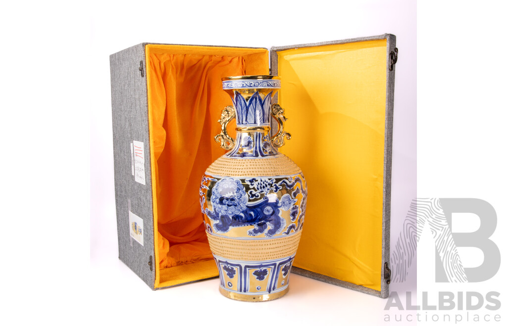 Large Chinese Hand Decorated Twin Handled Porcelain Vase with Bands of Applied Raised Gilt & Blue & White Floral Decoration, in Presentation Box