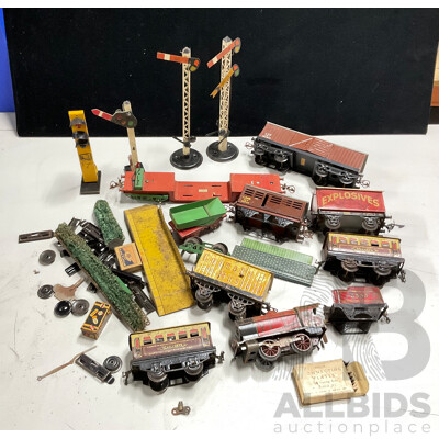 Collection of Vintage Hornby O Gauge Railway Rolling Stock, Station Platform and Signals Including Steam Locomotive, Passenger and Freight Cars