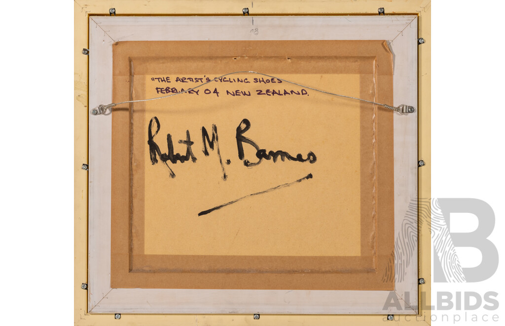 Robert M. Barnes, (20th Century, Australian, 1947-), The Artist's Cycling Shoes (2004, New Zealand), Wonderful Original Oil on Card, 45 x 49 cm (frame)