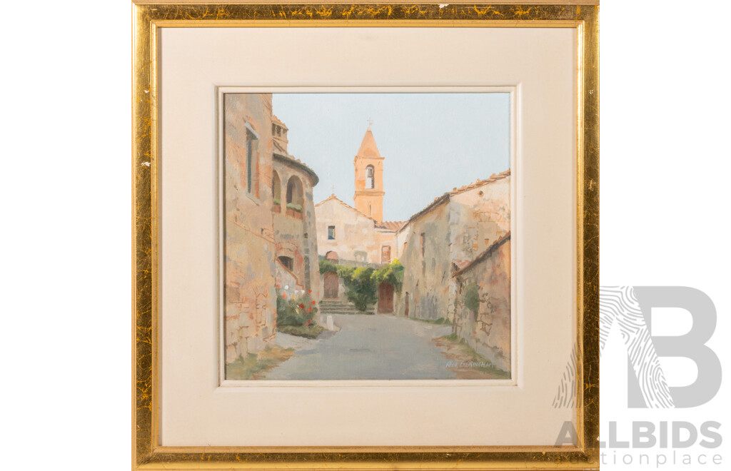 Rick Everingham, (20th Century, Australian, 1945-), Afternoon Street, San Donato (Near San Gimignano, Tuscany), Beautiful Original Oil on Canvas Board, 49 x 49 cm (frame)