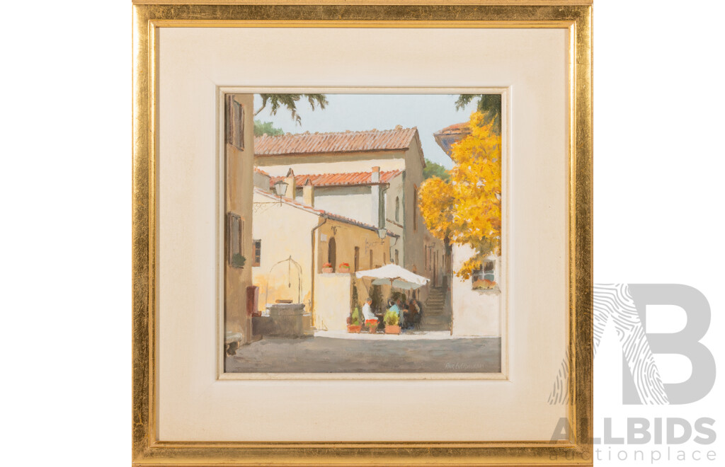 Rick Everingham, (20th Century, Australian, 1945-), Small Cafe - Bagno Vignoni (Tuscany), Wonderful Original Oil on Canvas Board, 49 x 49 cm (frame)