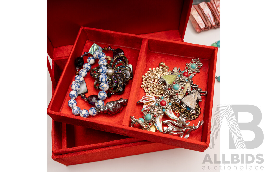 Collection of Vintage Jewellery in Trinket Box, Incl. Turquoise/coral Bracelet & Cloisonné Butterfly Brooch