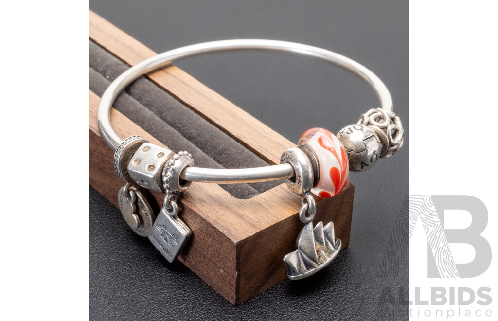 Pandora 'Moments' Sterling Silver Golf Style Bangle with (6) Pandora Sterling Bead Charms Including Opera House, 27.71 Grams