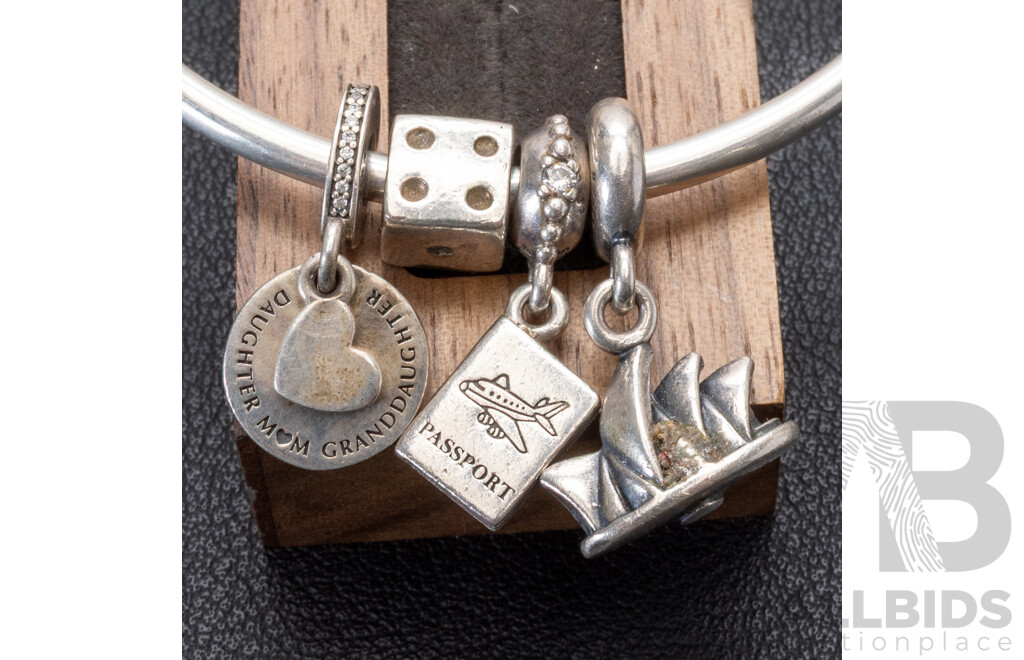 Pandora 'Moments' Sterling Silver Golf Style Bangle with (6) Pandora Sterling Bead Charms Including Opera House, 27.71 Grams