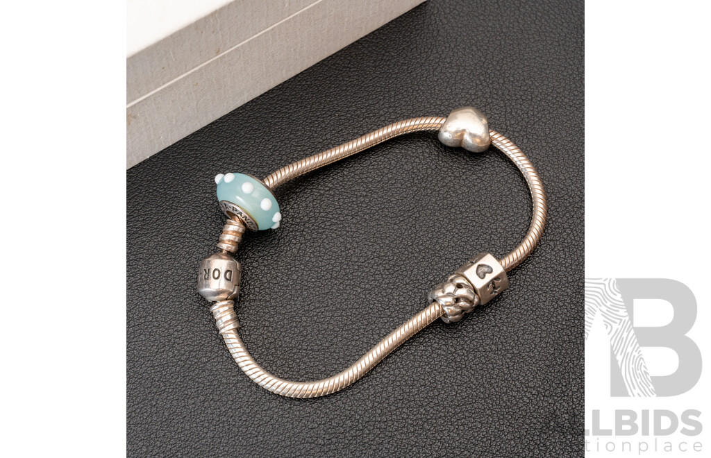 Pandora Moments Sterling Silver Charm Bracelet 18.5cm with (4) Pandora Bead Charms & Presentation Box, 25.03 Grams