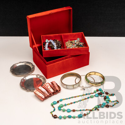 Collection of Vintage Jewellery in Trinket Box, Incl. Turquoise/coral Bracelet & Cloisonné Butterfly Brooch