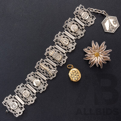 1930's French Silver Plated Souvenier Panel Bracelet with Parisian Landmarks & Eiffel Tower Charm, Vintage Mourning Locket & Brooch