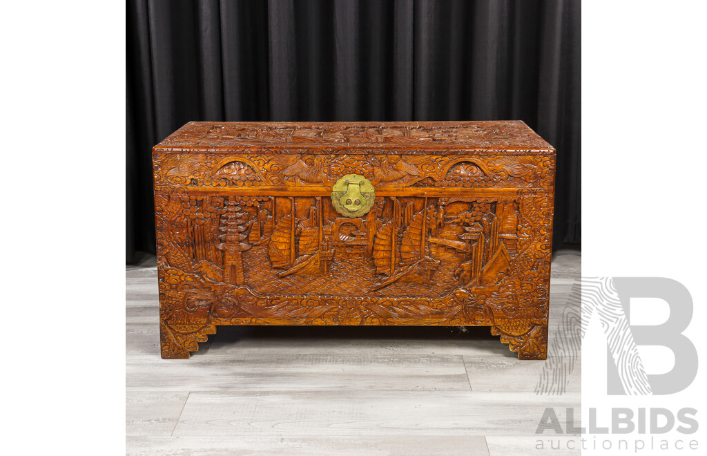 Heavily Carved Chinese Camphor Wood Trunk