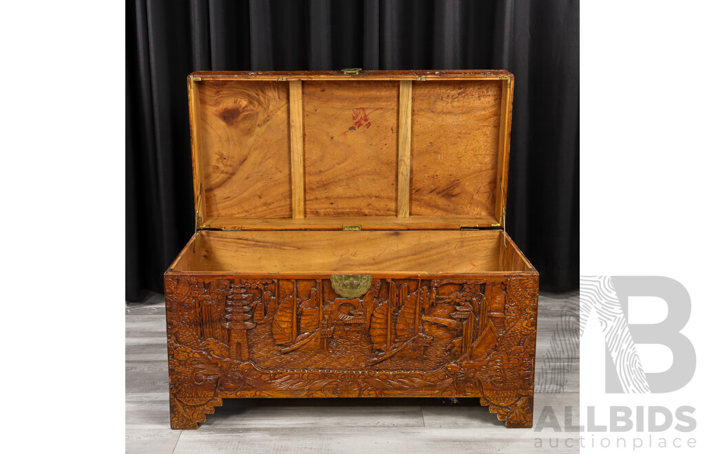 Heavily Carved Chinese Camphor Wood Trunk