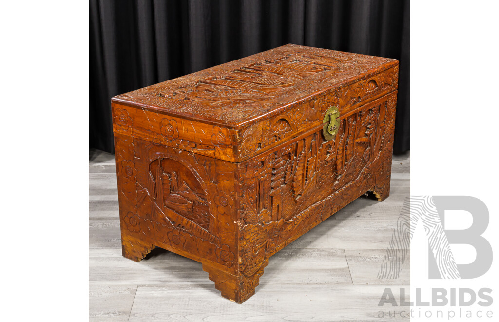 Heavily Carved Chinese Camphor Wood Trunk