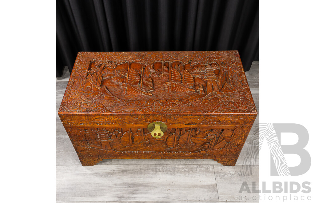 Heavily Carved Chinese Camphor Wood Trunk