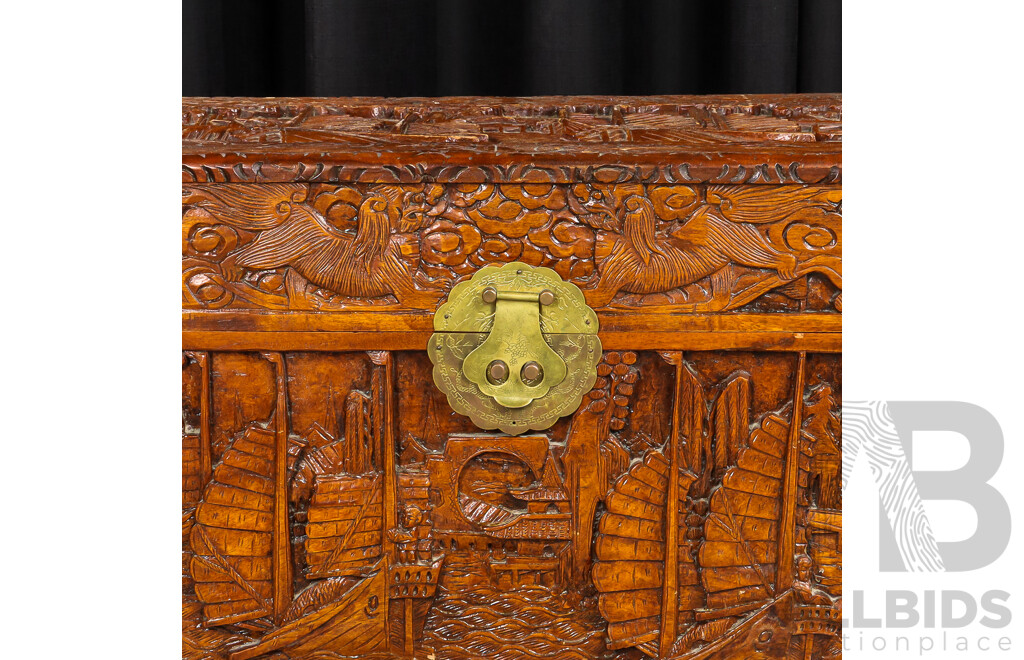 Heavily Carved Chinese Camphor Wood Trunk
