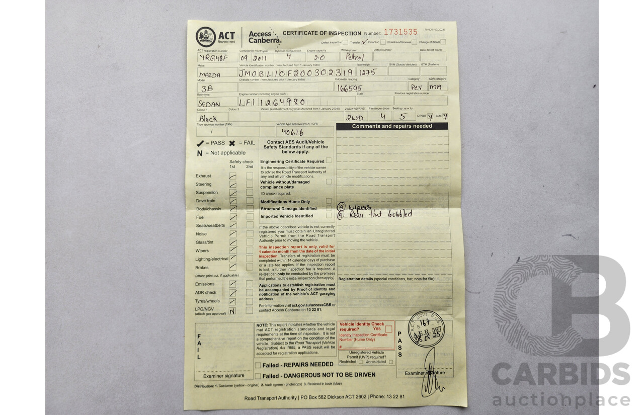 9/2011 Mazda Mazda3 NEO BL 10 UPGRADE 5d Hatchback Black 2.0L