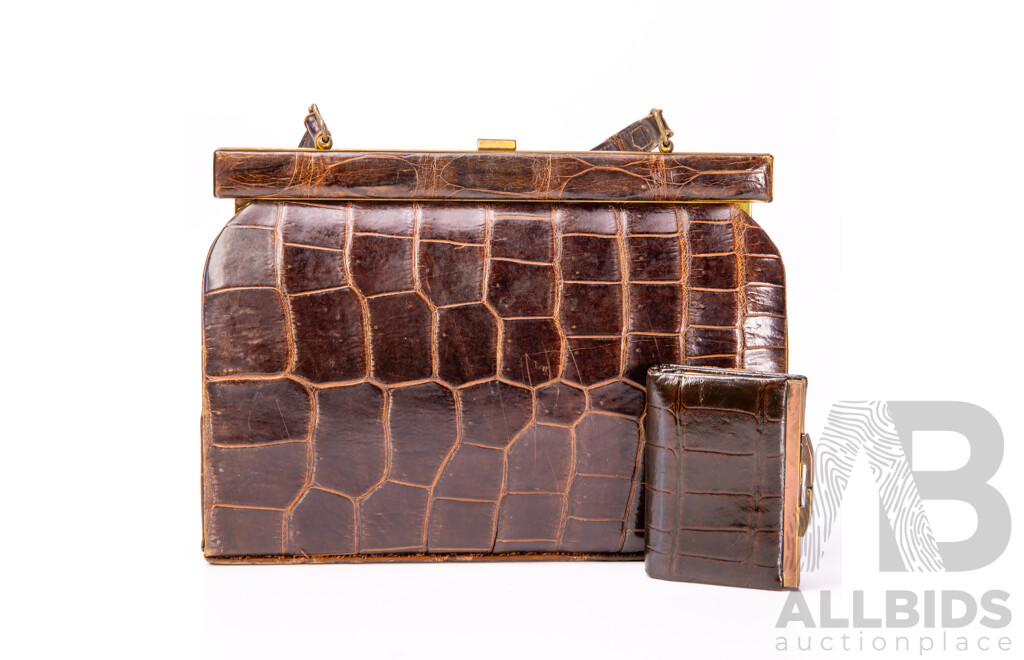 Vintage Australian Crocodile Skin Handbag with Kangaroo Skin Lining with Matching Purse, by H. Stevens, Sydney