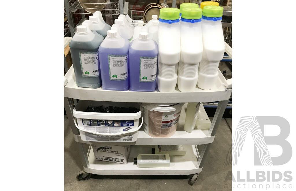 Rubbermaid 3 Tier Plastic Trolley with Assorted Cleaning Chemicals