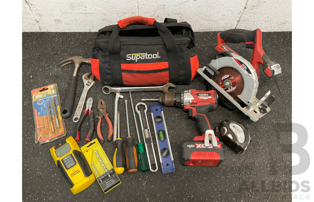 OZITO 18V Cordless Circular Saw (PXCSS-500), Ozito 18V Brushless Drill Driver (PXBDS-220), OZITO 18V 4.0Ah Battery and Toolbag with Assorted Tools