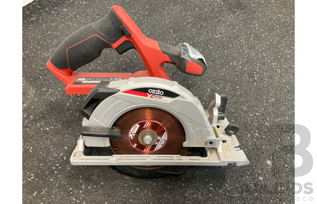 OZITO 18V Cordless Circular Saw (PXCSS-500), Ozito 18V Brushless Drill Driver (PXBDS-220), OZITO 18V 4.0Ah Battery and Toolbag with Assorted Tools