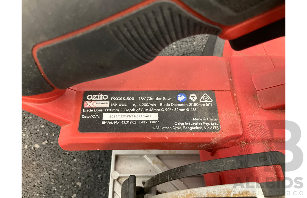 OZITO 18V Cordless Circular Saw (PXCSS-500), Ozito 18V Brushless Drill Driver (PXBDS-220), OZITO 18V 4.0Ah Battery and Toolbag with Assorted Tools