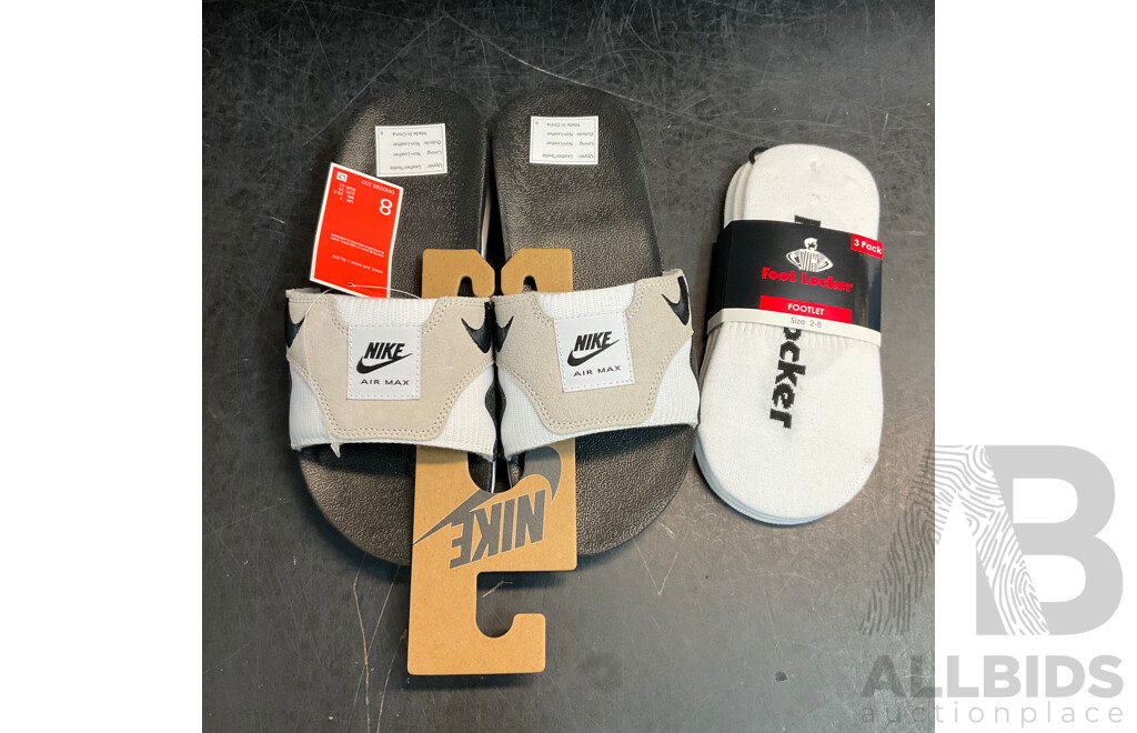 Nike Air Max 1 Slide White/ Black/ Neutral Grey Size 8 with Foot Locker Socks
