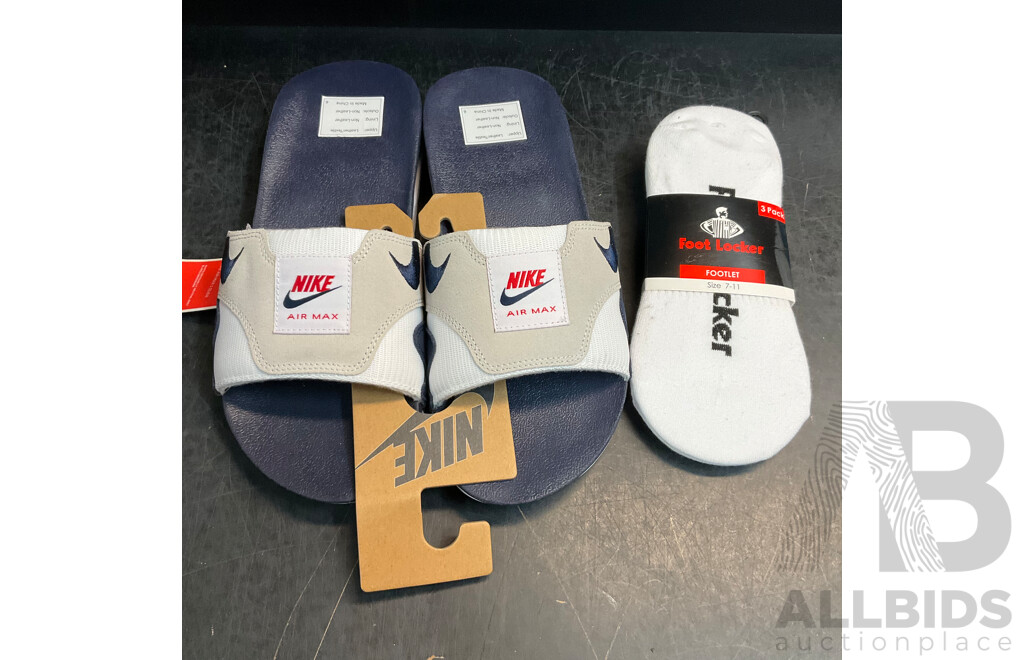 Nike Air Max 1 Slide White/Light Neutral Grey/Obsidian Size 10 with Foot Locker Socks