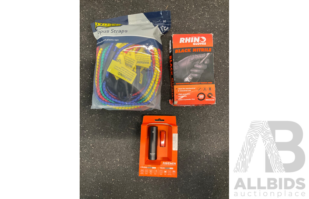 RAVEMEN LS16 Light Set for Urban Riding Commuting, SYNECO Octopus Straps and THINO Gloves - Lot of 3