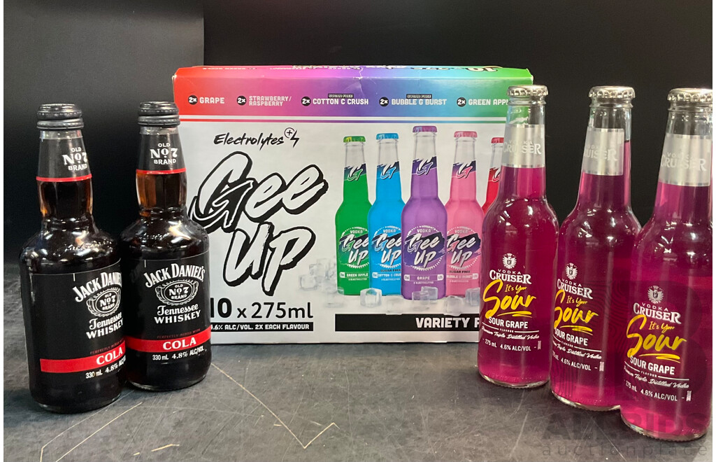 GEE-UP Vodka Mixed Pack Bottle 275mL 10pk  & Cruiser Sour Grape Vodka Drinks X3  & Jack Daniel's Whisky with Cola X2