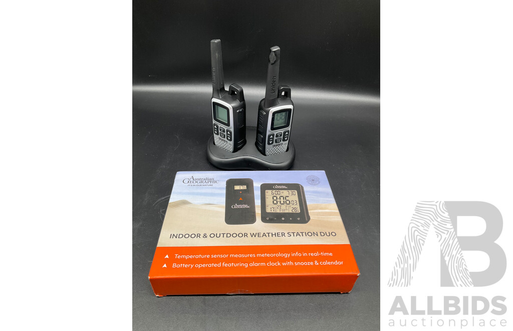 UNIDEN UHF Handheld Adventrue 2-way Radio - Twin Pack and AUSTRALIAN GEOGAPHIC Indoor & Outdoor Weather Station Duo - Lot of 2