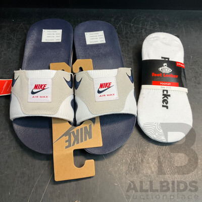 Nike Air Max 1 Slide White/Light Neutral Grey/Obsidian Size 10 with Foot Locker Socks