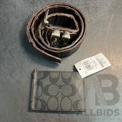 COACH Charcoal Slim Money Clip Billfold Wallet & R.M. Williams Belt