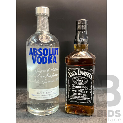 Absolut Vodka 1L & Jack Daniel's Jennessee Whiskey 700ml - Lot of 2