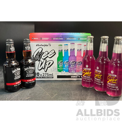 GEE-UP Vodka Mixed Pack Bottle 275mL 10pk  & Cruiser Sour Grape Vodka Drinks X3  & Jack Daniel's Whisky with Cola X2