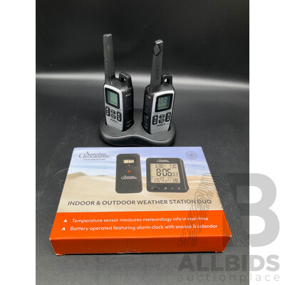UNIDEN UHF Handheld Adventrue 2-way Radio - Twin Pack and AUSTRALIAN GEOGAPHIC Indoor & Outdoor Weather Station Duo - Lot of 2