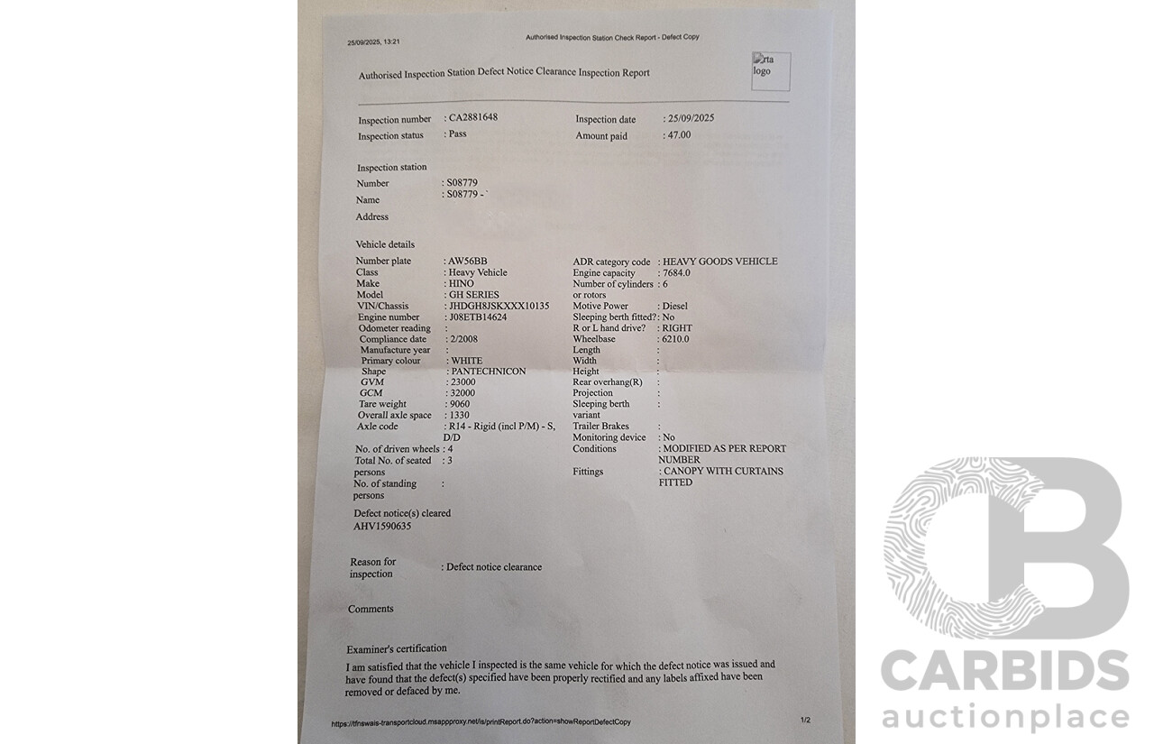 02/2008, Hino Ad Trans 500 Series, GH 1727, 12 Pallet, Curtainsider Canopy Truck with 750KG Taillift & Passed RMS HVIS Roadworthy