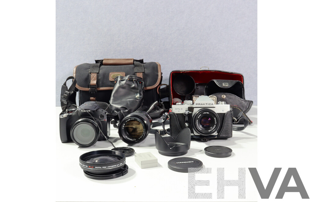 Canon Powershot SX40 HS Camera in Canon Soft Case with Praktica MTL3 Camera, Pentacon Lens in Carry Case