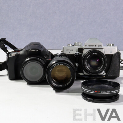 Canon Powershot SX40 HS Camera in Canon Soft Case with Praktica MTL3 Camera, Pentacon Lens in Carry Case