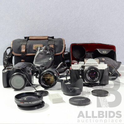 Canon Powershot SX40 HS Camera in Canon Soft Case with Praktica MTL3 Camera, Pentacon Lens in Carry Case