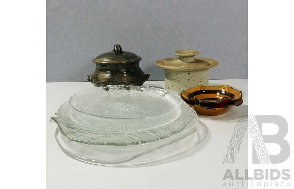 Collection Retro Textured Frosted Glass Serving Platters Along with Four Studio Pottery Pieces Including Robin Welsh Lidded Dish and More