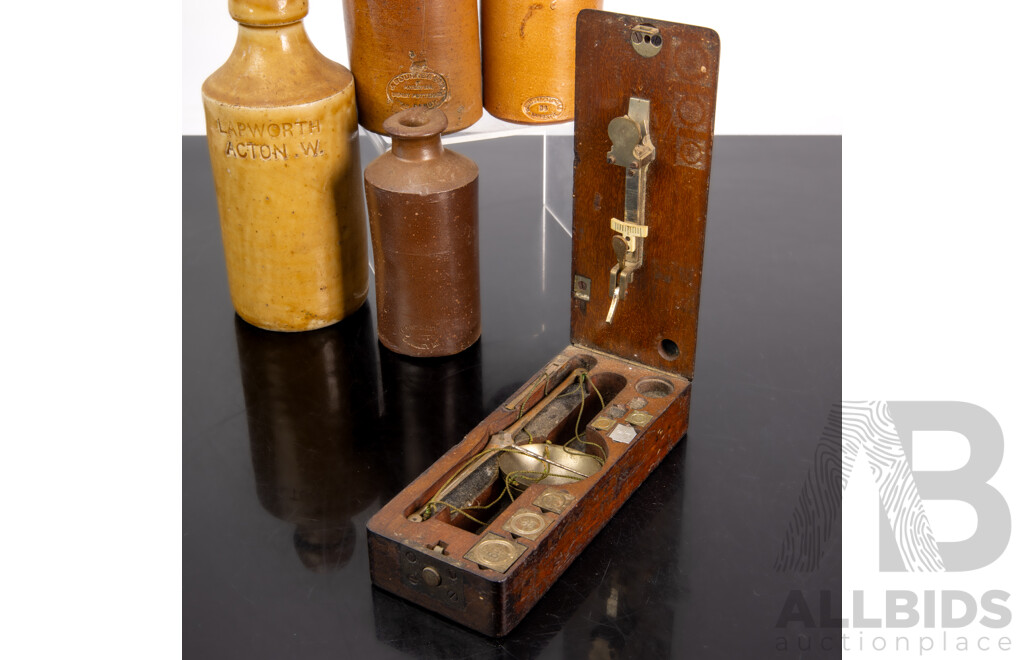 Collection Antique Stoneware Bottles Including Doulton Lambeth, Denby Along with Antique Traveling Balance Scales Set