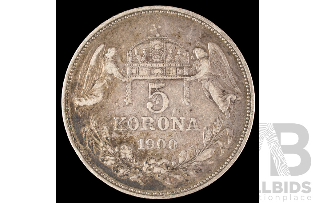 Hungary 1900 Silver Five Korona Coin, Francis Joseph I .900