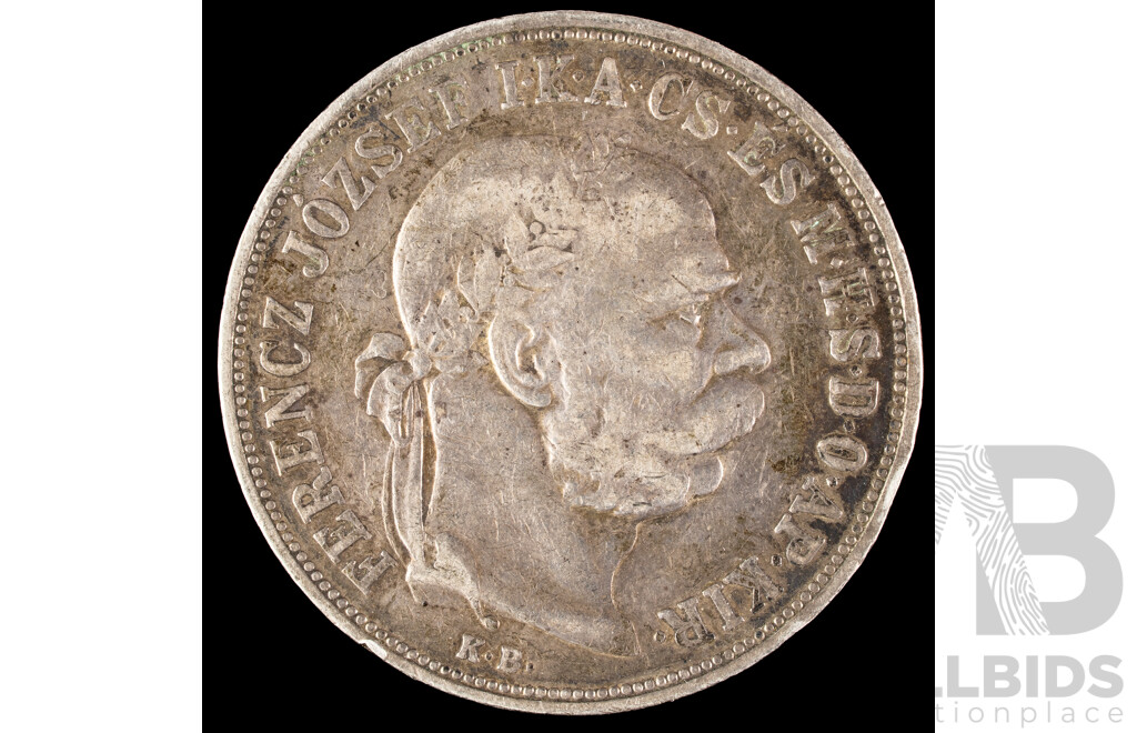 Hungary 1900 Silver Five Korona Coin, Francis Joseph I .900