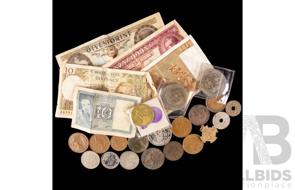 Collection of International Currency Including Great Britain 1853 Penny, Crowns, Australian 1937 KGVI Coronation Medal, 1924 Penny, France, Germany, Egypt