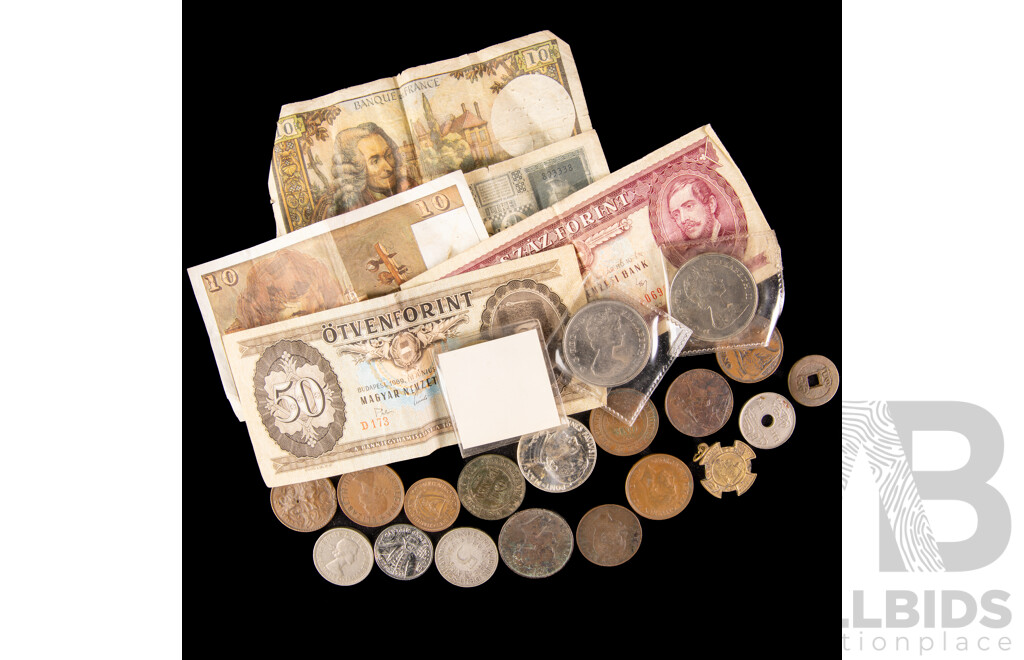 Collection of International Currency Including Great Britain 1853 Penny, Crowns, Australian 1937 KGVI Coronation Medal, 1924 Penny, France, Germany, Egypt