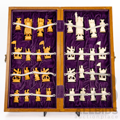 Vintage Chess Set in Folding Case with Full Set Carved & Dyed Ivory Pieces