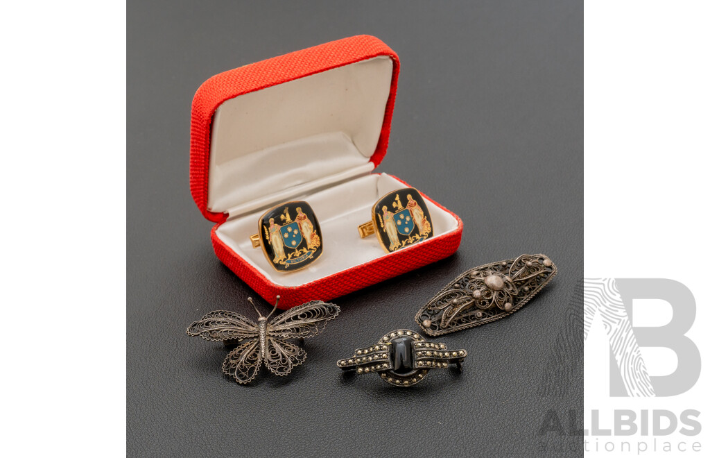 Collection of (3) Vintage Sterling Silver Brooches and Victoria Cufflinks
