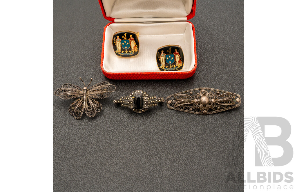 Collection of (3) Vintage Sterling Silver Brooches and Victoria Cufflinks