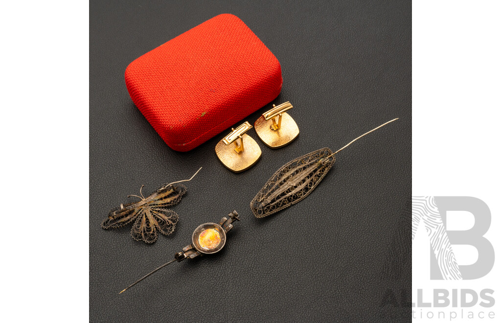 Collection of (3) Vintage Sterling Silver Brooches and Victoria Cufflinks
